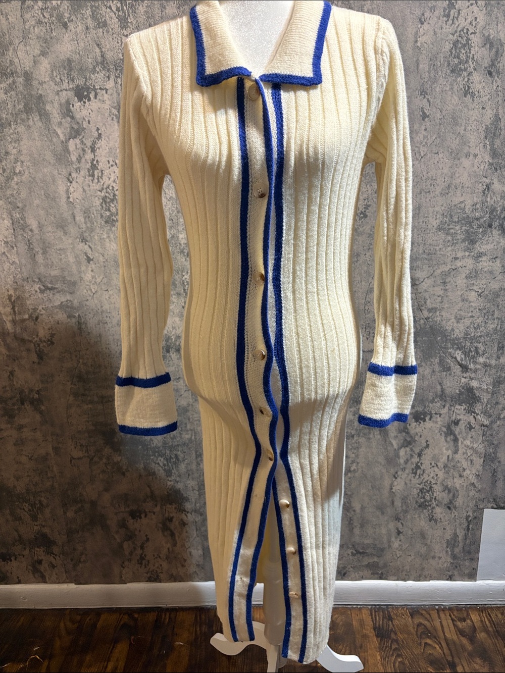 SHEIN Cream Ribbed Midi Dress with Blue Trim